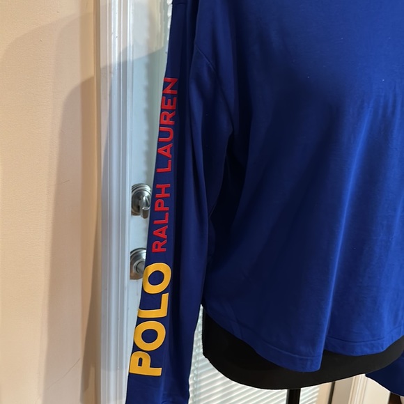 Polo Blue Logo Front & Sleeve Crew Neck Long Sleeve Cropped T-Shirt - Picture 2 of 5